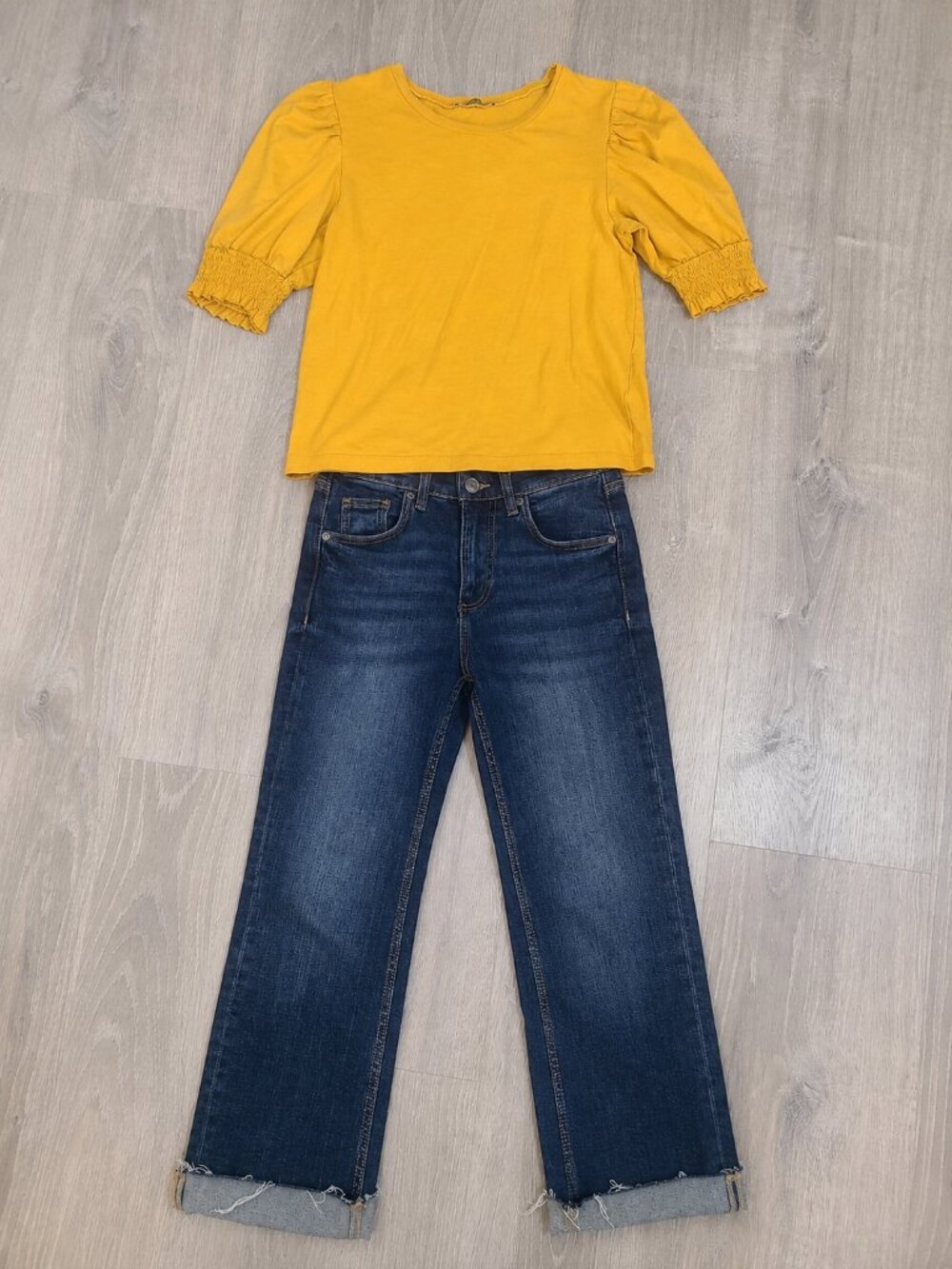 Zara Outfit Bundle Puff Sleeve Smocked Top & Cropped Raw Hem Jeans Set Sz S / 0